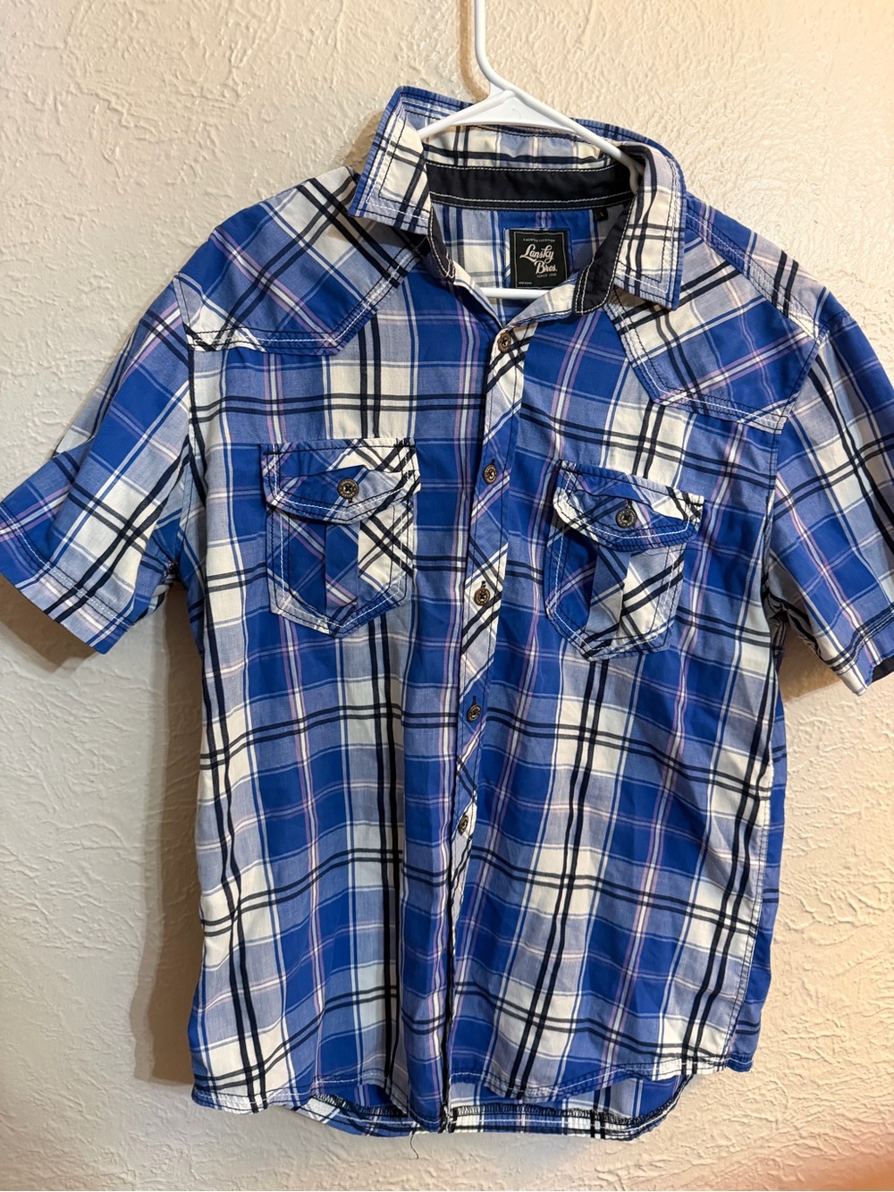 Lanskey bros Blue and White Plaid Short-Sleeve Button-Down Shirt